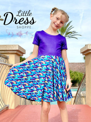 Purple Color block Rainbow and Cloud Twirly Dress