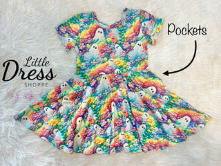 Embroidered Rainbow Ghost Twirly Halloween Dress