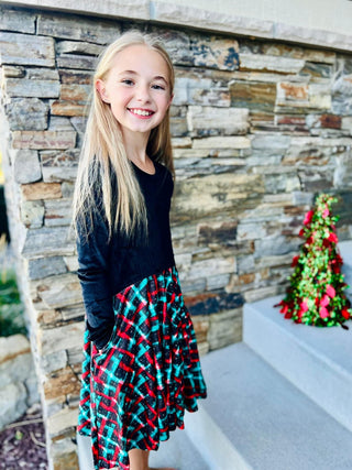 Long Sleeve Velvet Plaid Holiday Dress