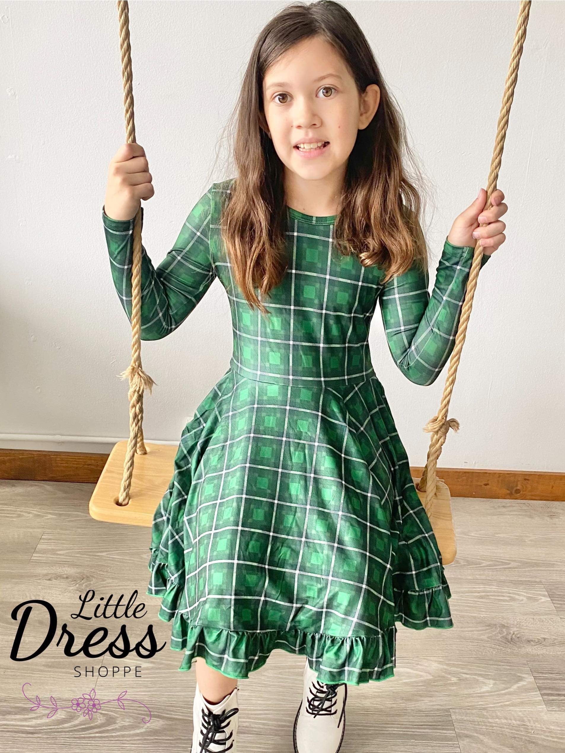 Long Sleeve Plaid Twirly Green Dress 5 Long Sleeve Plaid Twirly Green Dress 5