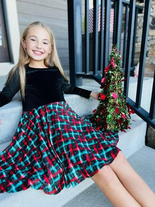 Long Sleeve Velvet Plaid Holiday Dress