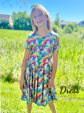 Embroidered Rainbow Ghost Twirly Halloween Dress