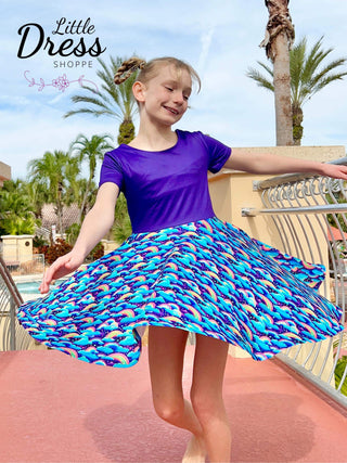 Purple Color block Rainbow and Cloud Twirly Dress