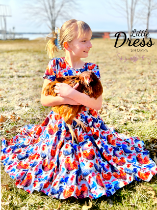 Embroidered Chicken/rooster Twirly Dress