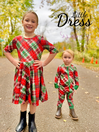 Matching Plaid Christmas Set, Shirt, Dress and Skirted Leggings