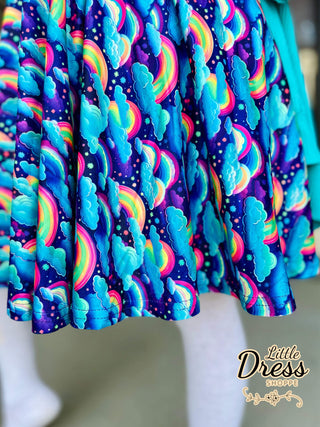 Purple Color block Rainbow and Cloud Twirly Dress