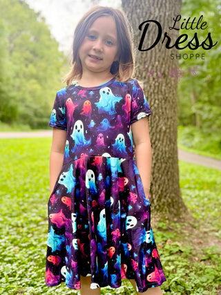 Neon Ghost on Black Background Twirly Dress