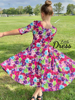 Half Sleeve Jewel Tone Floral Twirly Dress