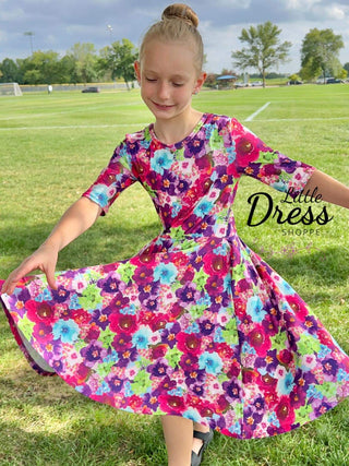 Half Sleeve Jewel Tone Floral Twirly Dress