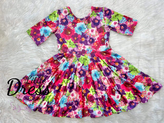 Half Sleeve Jewel Tone Floral Twirly Dress