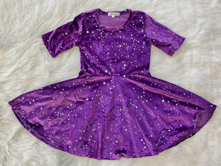 Purple Twirly Velvet Dress with Silver Stars