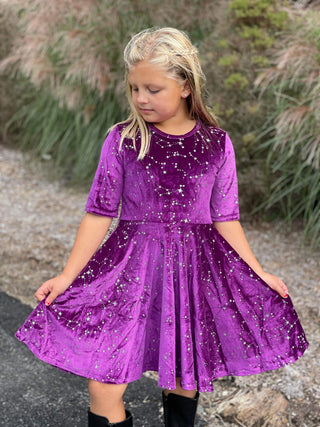 Purple Twirly Velvet Dress with Silver Stars