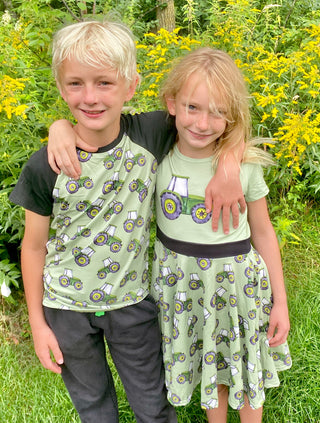 Green and Yellow Twirly Tractor Dress