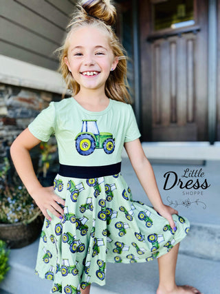 Green and Yellow Twirly Tractor Dress