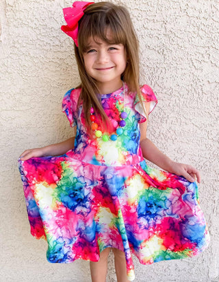 Tie Dyed Dress With Flutter Sleeves