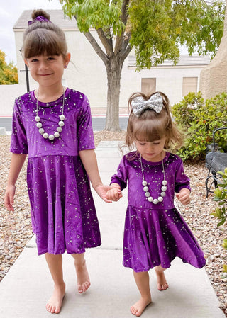 Purple Twirly Velvet Dress with Silver Stars