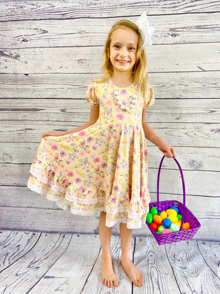 Yellow Floral Double Ruffle Twirly Dress