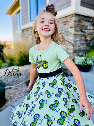 Green and Yellow Twirly Tractor Dress