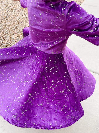 Purple Twirly Velvet Dress with Silver Stars