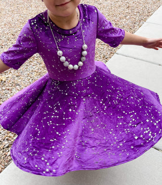 Purple Twirly Velvet Dress with Silver Stars