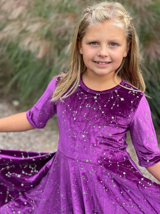 Purple Twirly Velvet Dress with Silver Stars