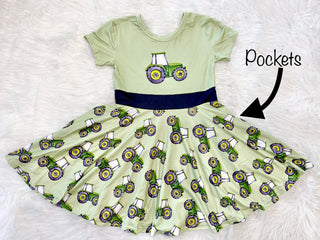 Green and Yellow Twirly Tractor Dress