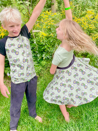 Green and Yellow Twirly Tractor Dress