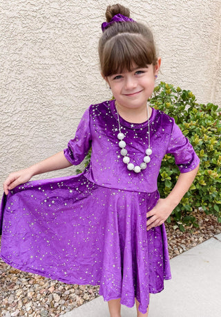 Purple Twirly Velvet Dress with Silver Stars