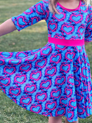 Blue and Pink Neon Hearts Twirly Dress