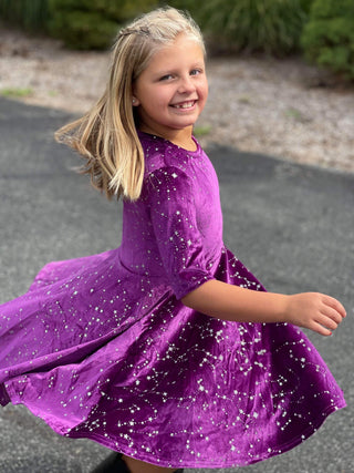 Purple Twirly Velvet Dress with Silver Stars